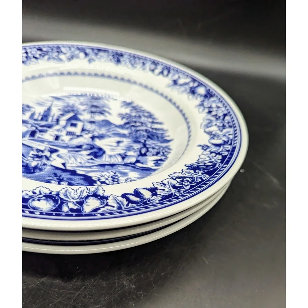 Italian Porcelain Blue & White Transfer Rim Soup Bowls Village Scene Set/3 Italy